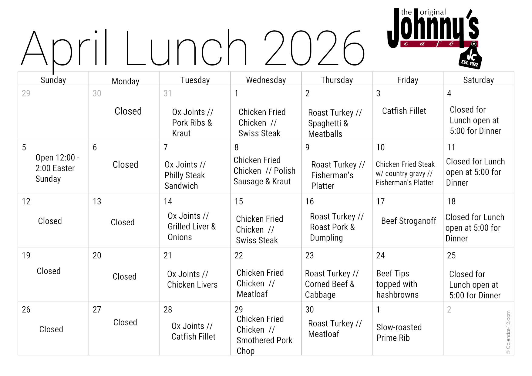 Lunch Specials for April 2026.