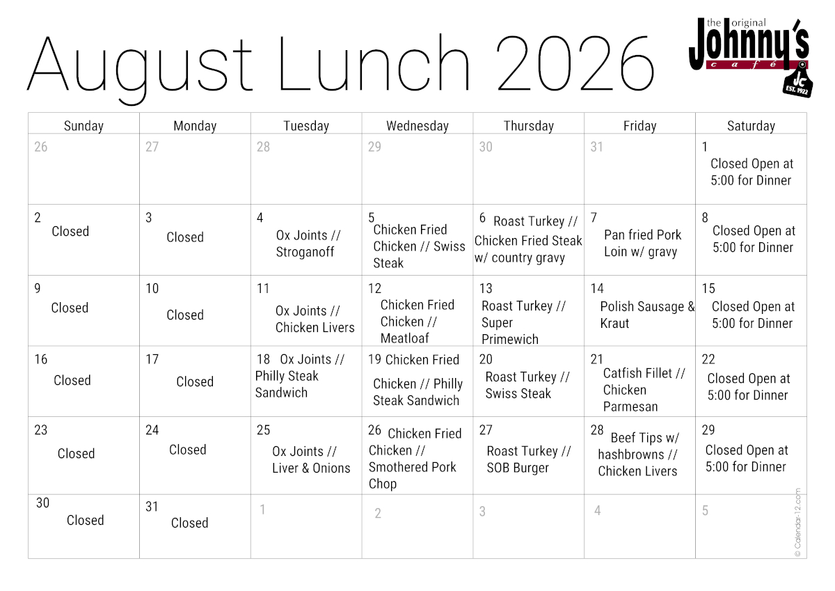 Lunch Specials for July 2026.