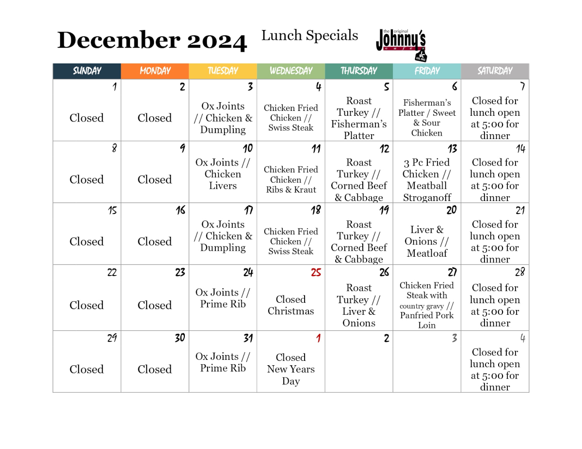 Lunch Specials for December 2024.