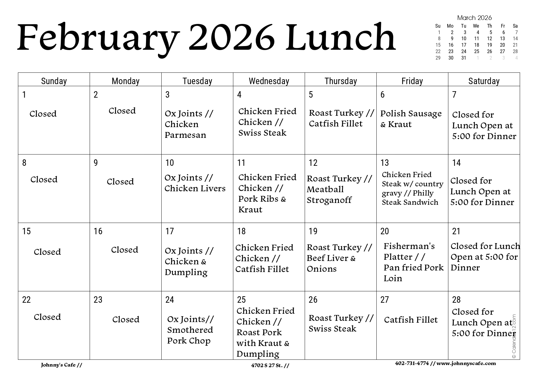 Lunch Specials for February 2026.