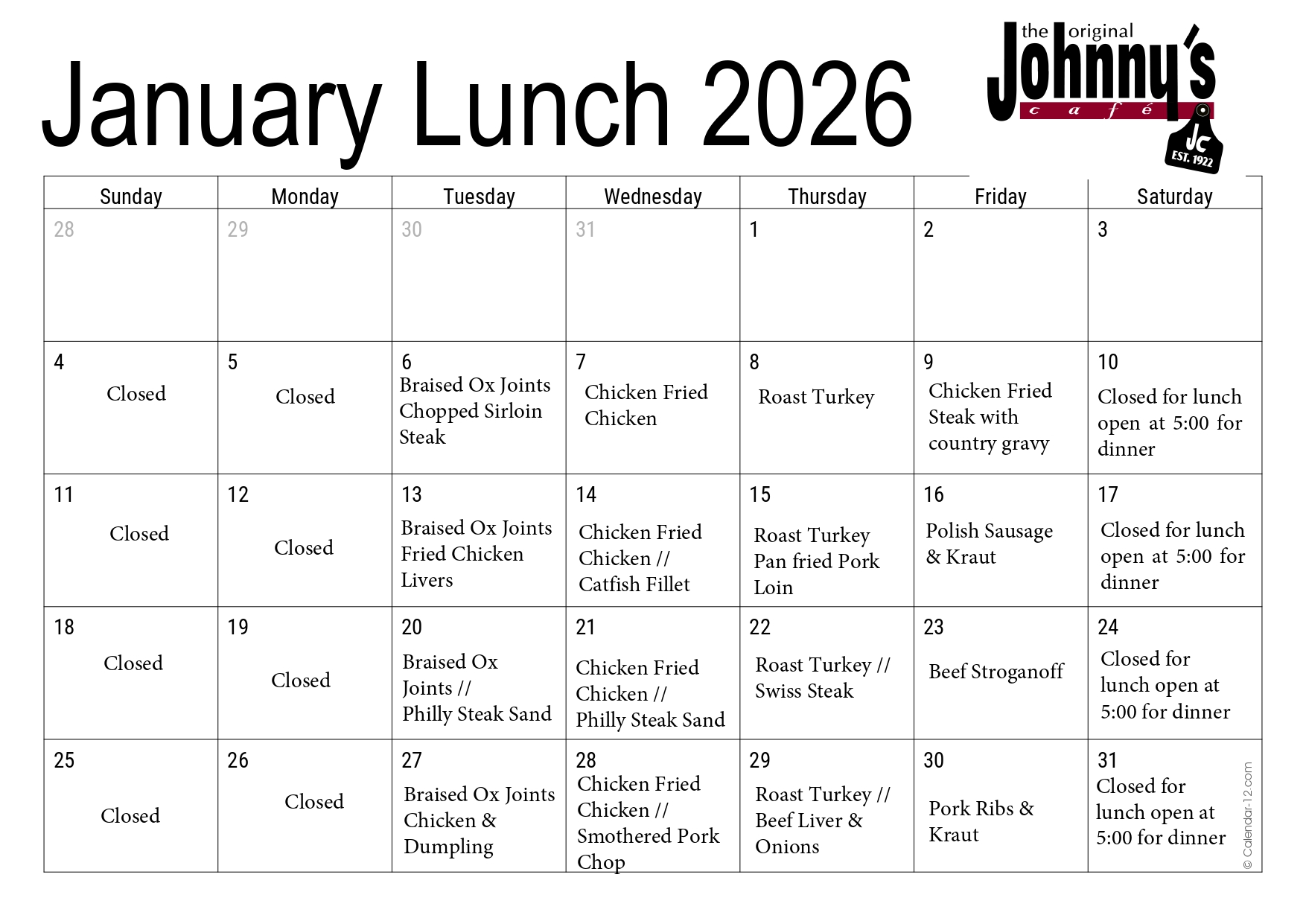 Lunch Specials for January 2026.