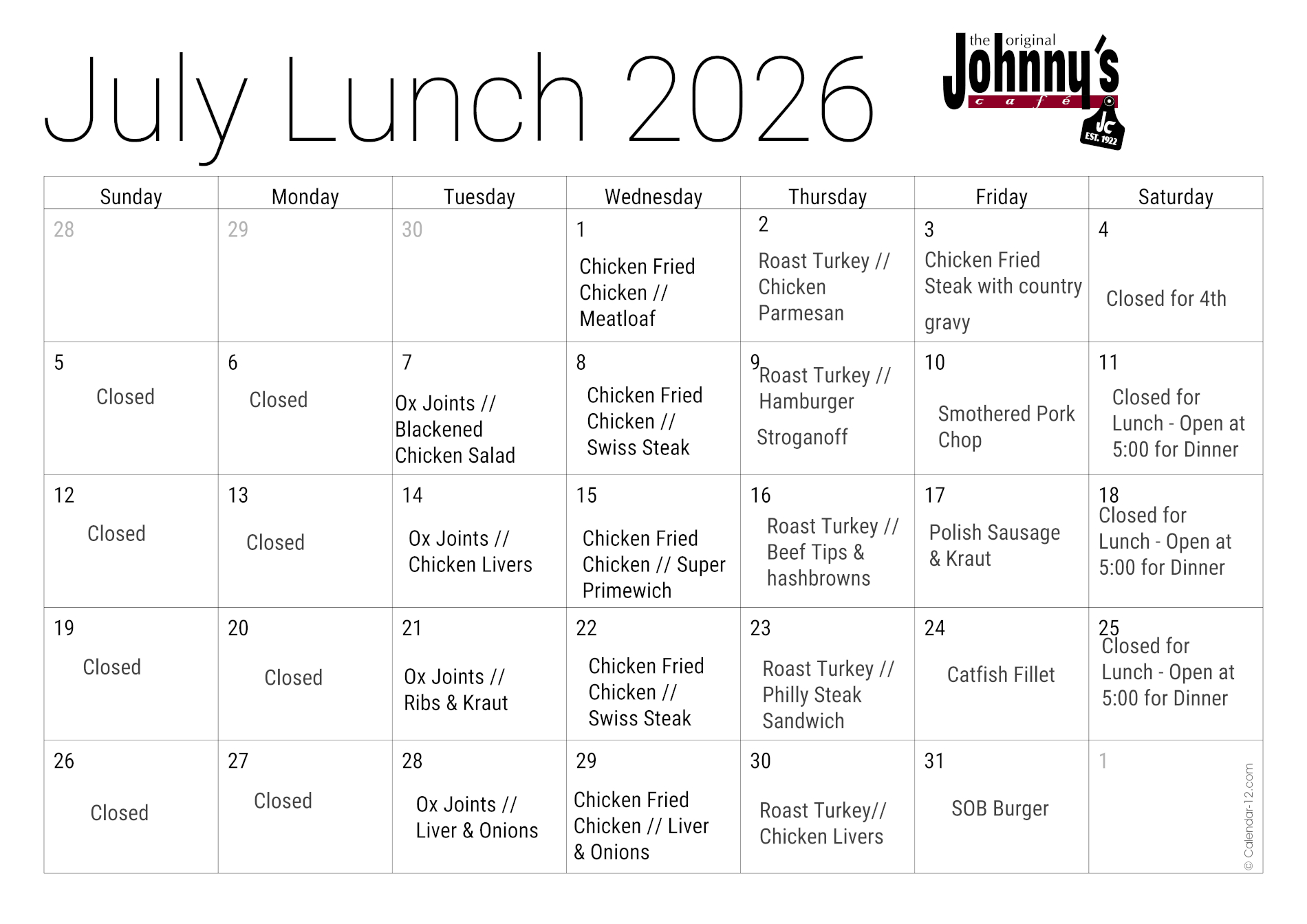Lunch Specials for July 2026.