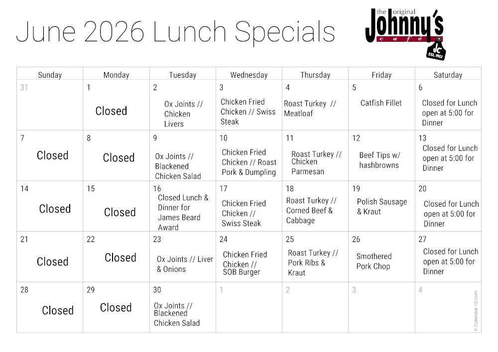 Lunch Specials for June 2026.