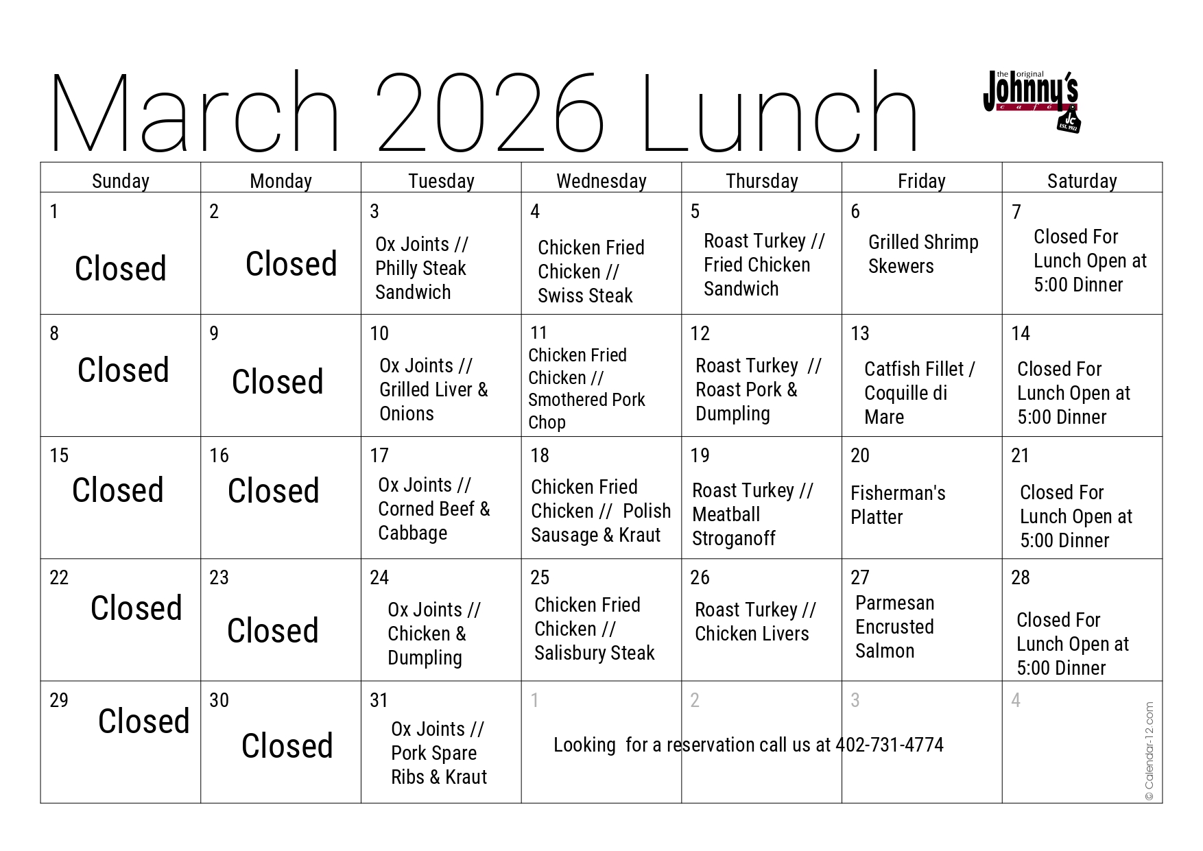 Lunch Specials for March 2026.