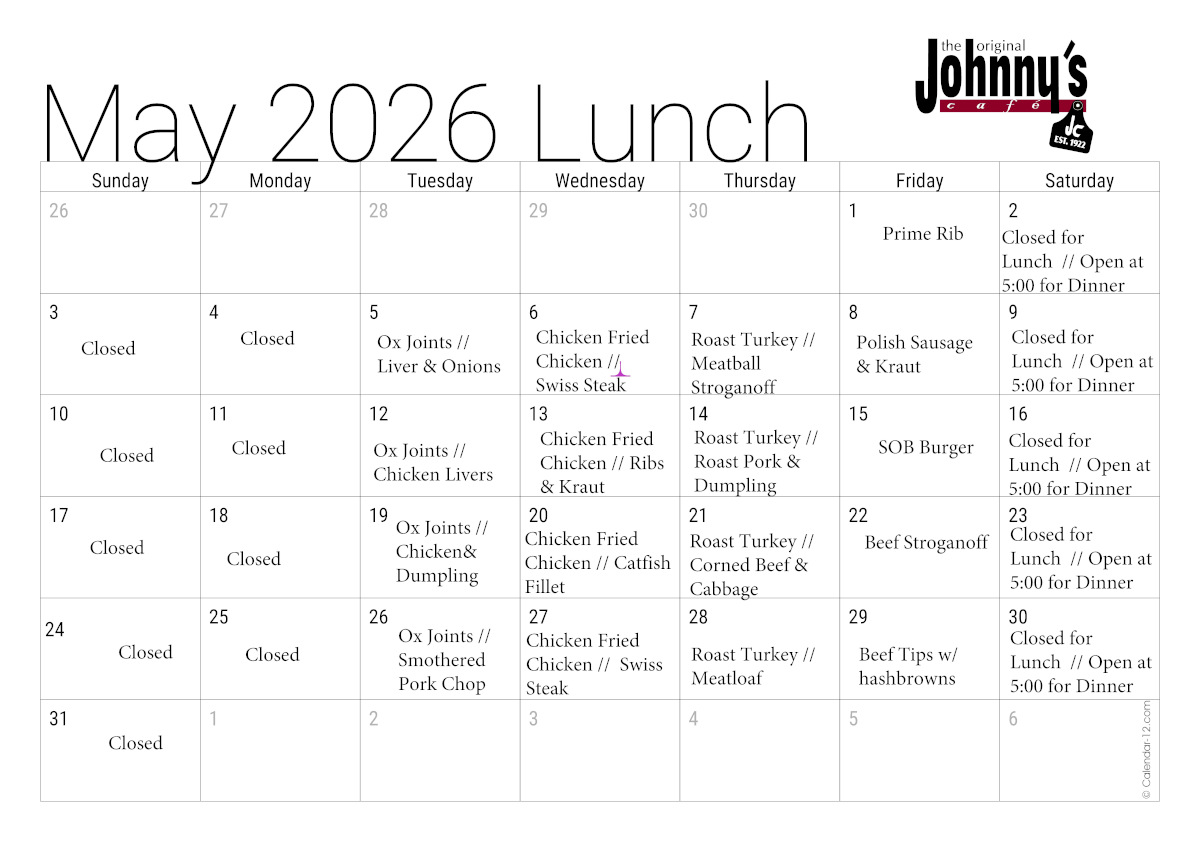 Lunch Specials for May 2026.