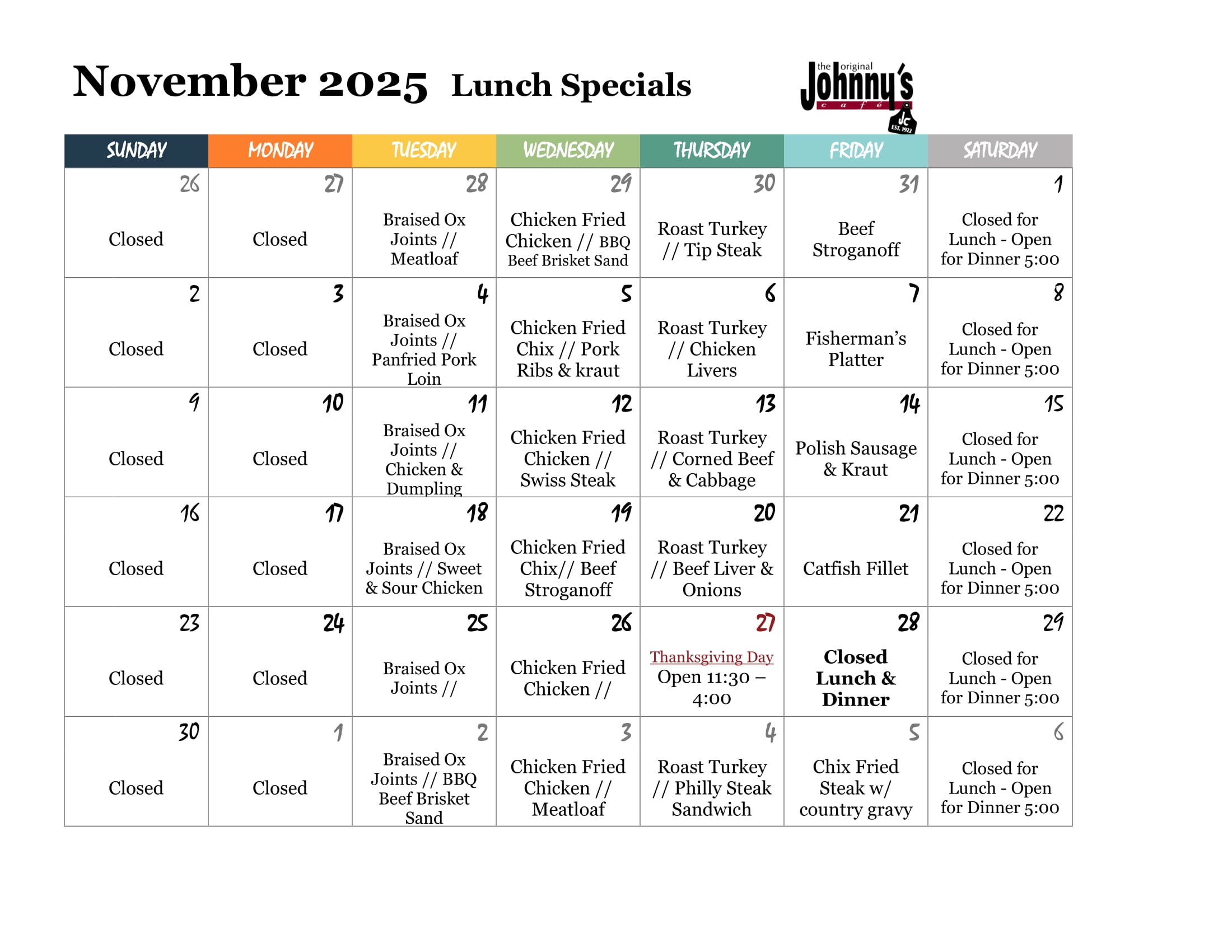Lunch Specials for November 2025.