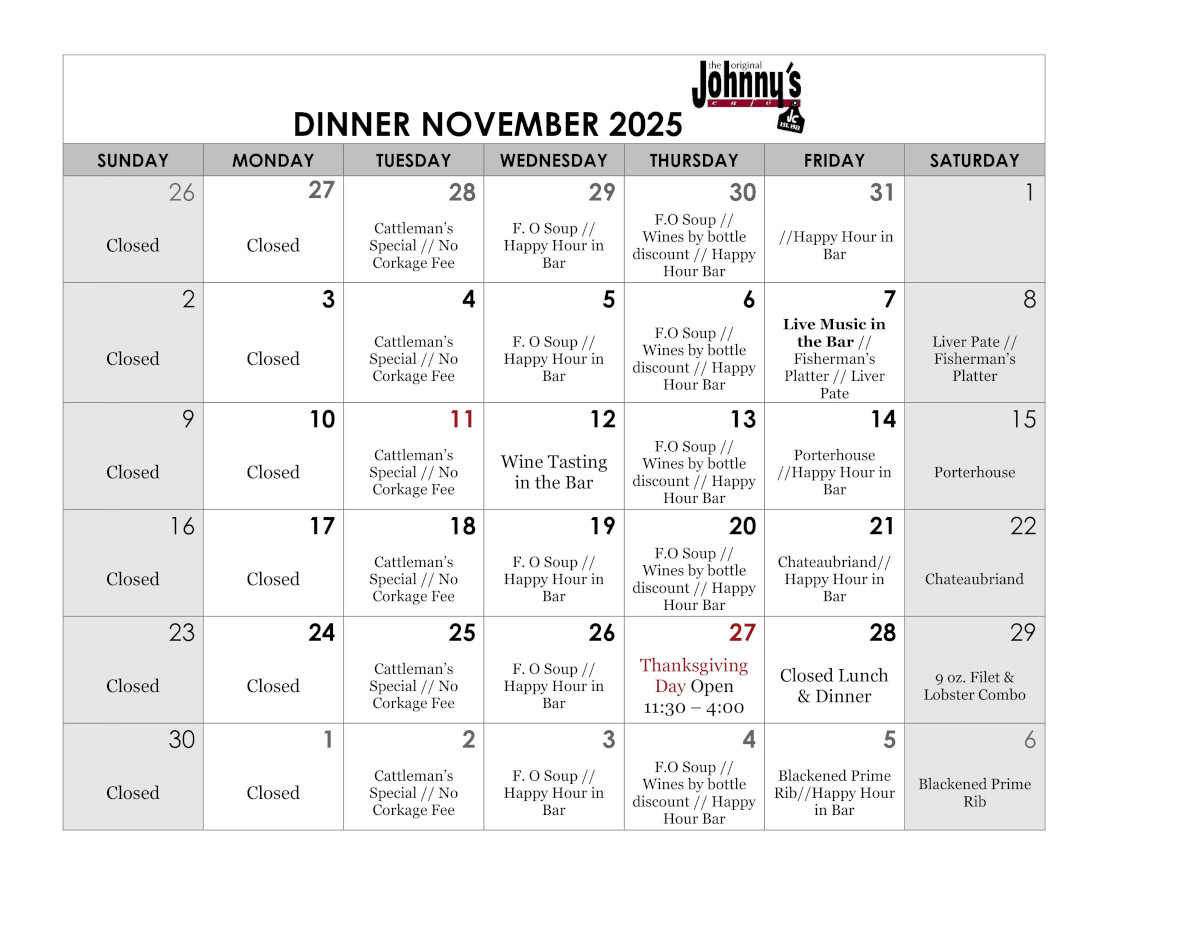 Dinner Specials for October 2025.