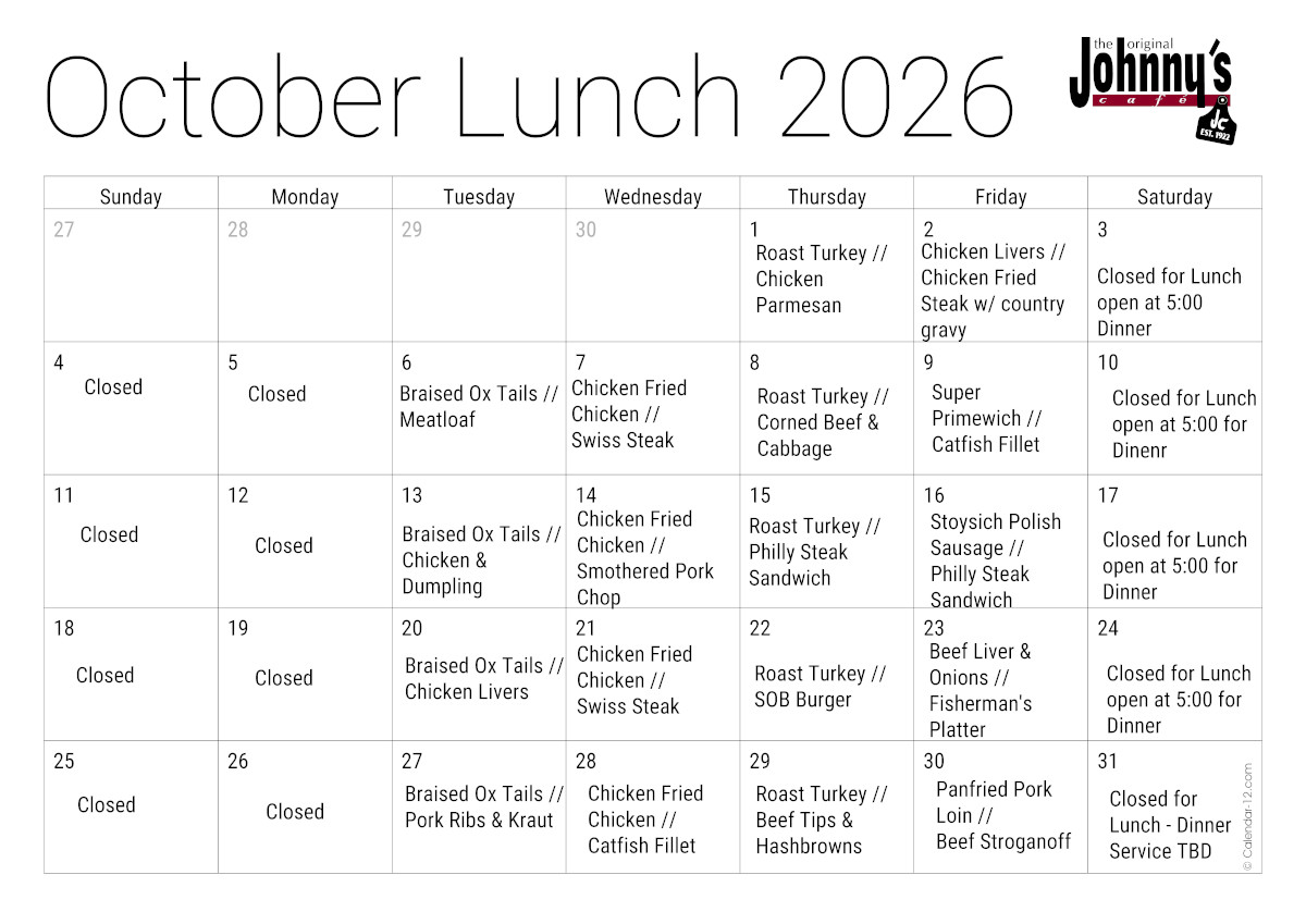 Lunch Specials for October 2026.
