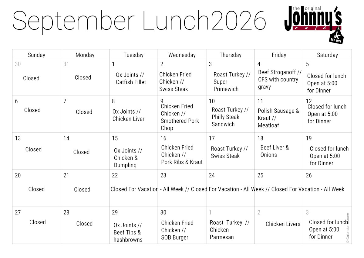 Lunch Specials for September 2026.