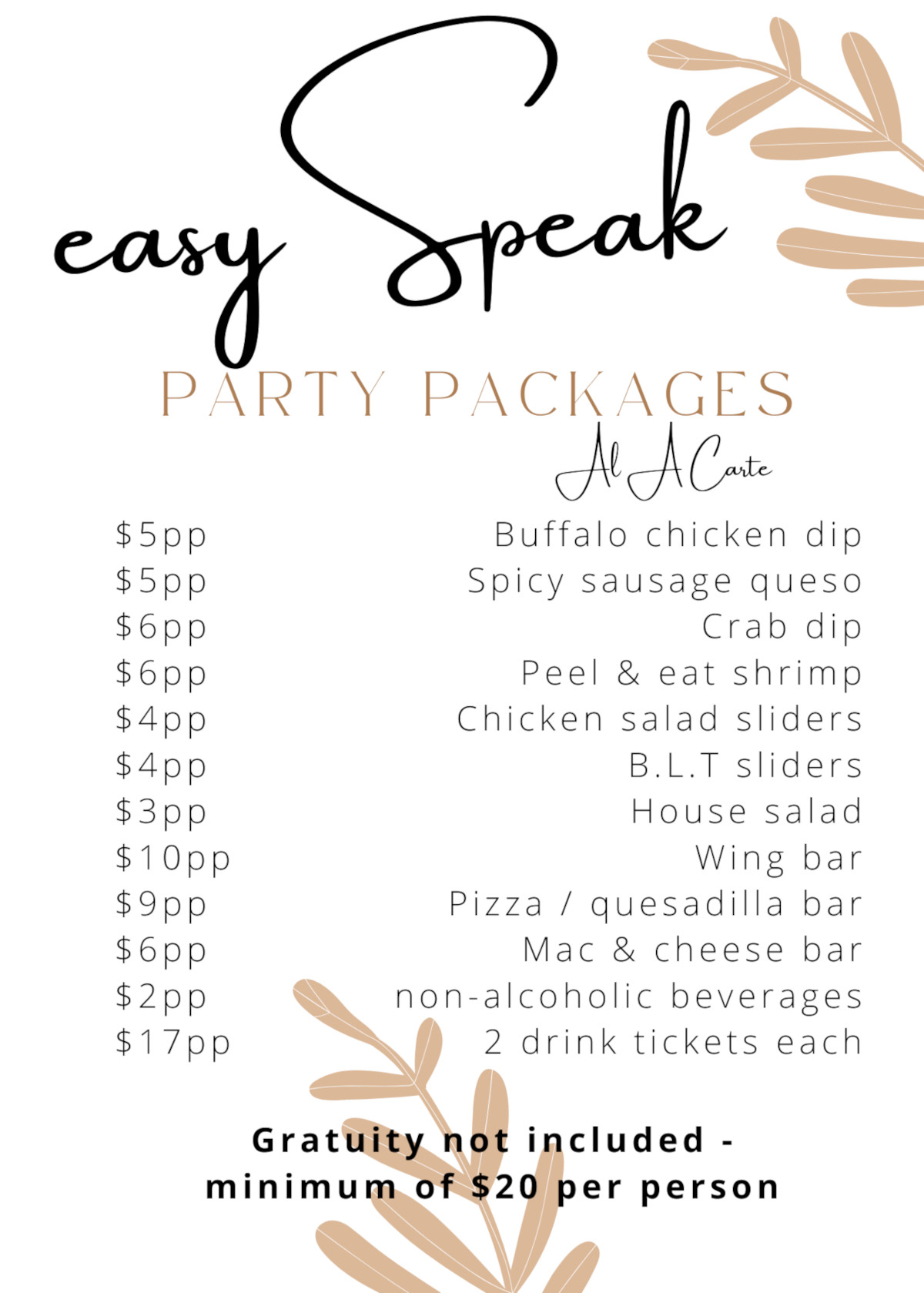 easy speak party packages flyer