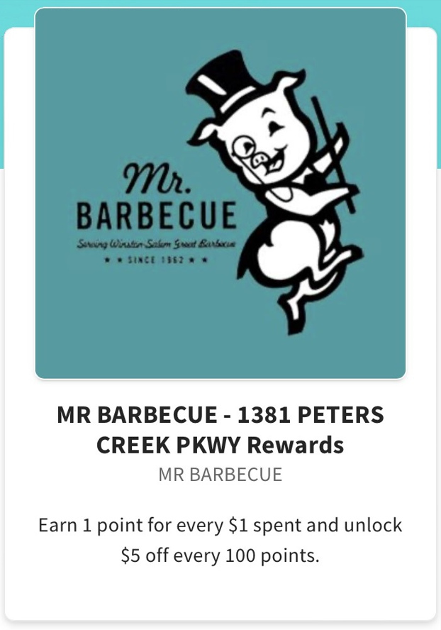  Earn 1 point for every $1 spent and unlock $5 off every 100 points on Mr barbecue