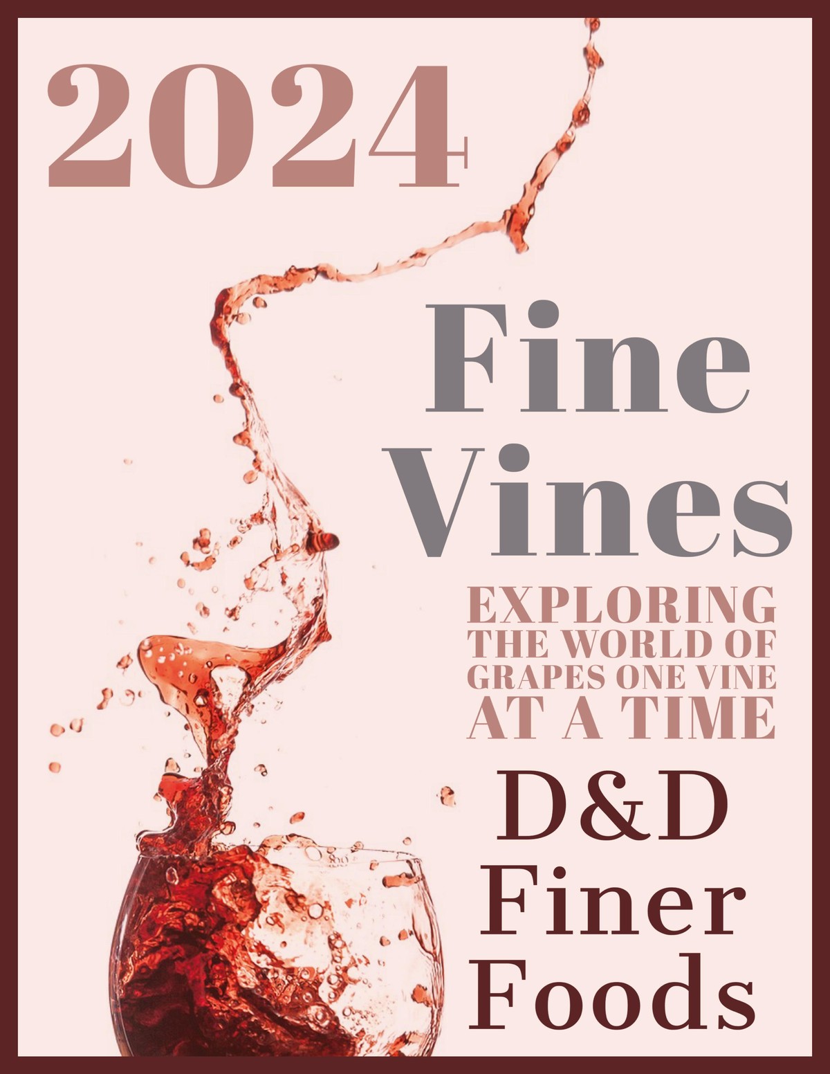 Splashing wine glass with 2024 Fine Vines text