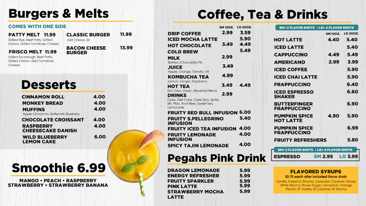 Burgers & Melts, Coffee, Tea & Drinks, Desserts, Smoothie