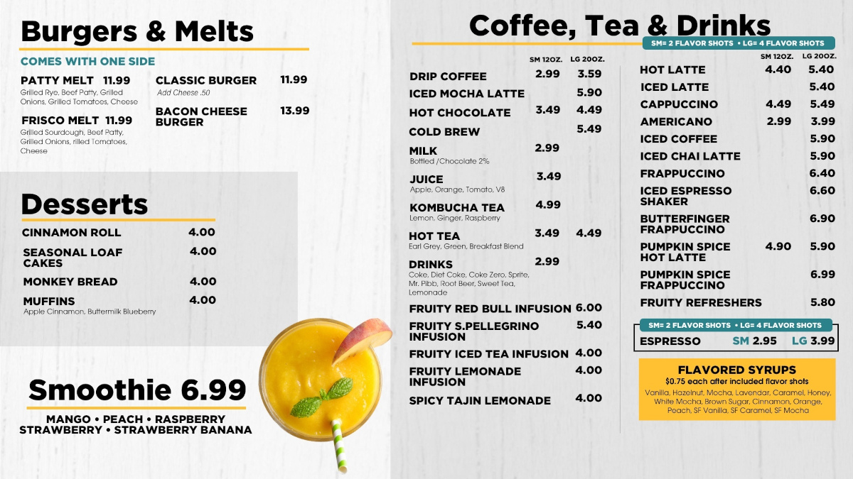 Burgers & Melts, Coffee, Tea & Drinks, Desserts, Smoothie