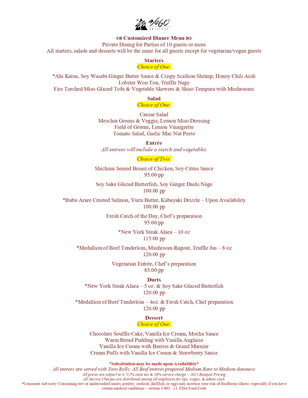 Customized Dinner menus