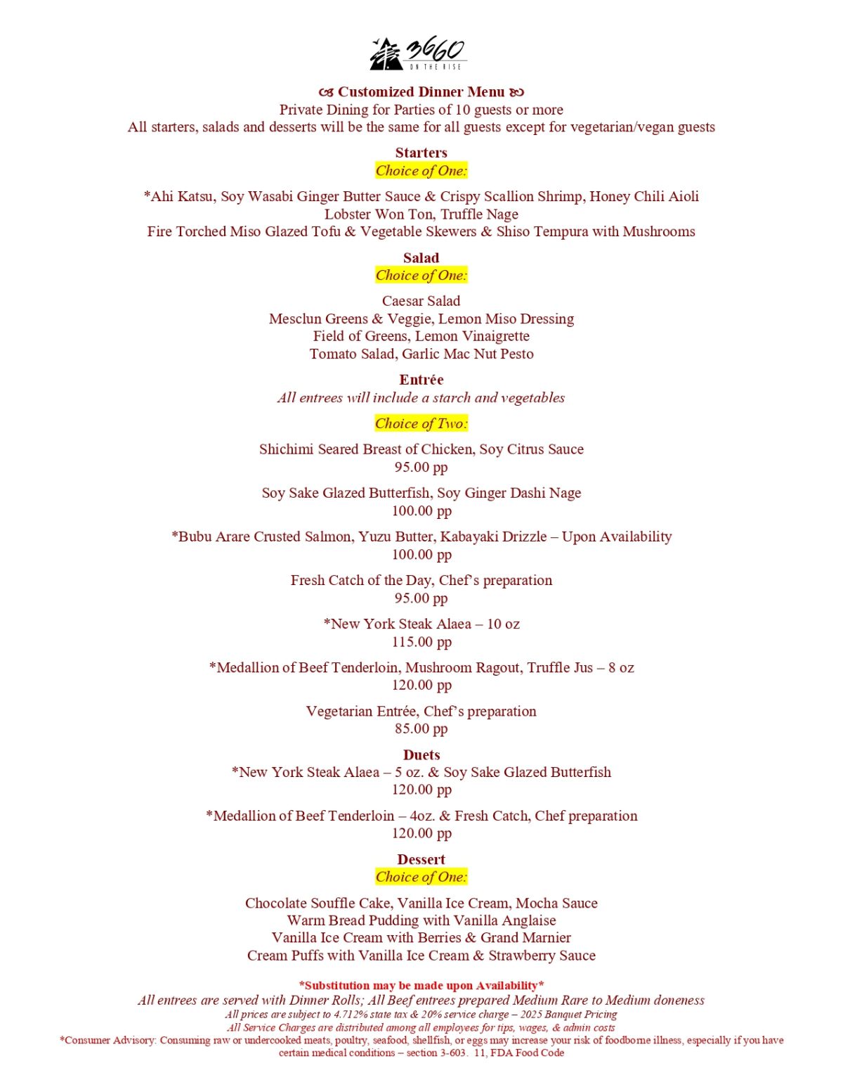 Customized Dinner menus