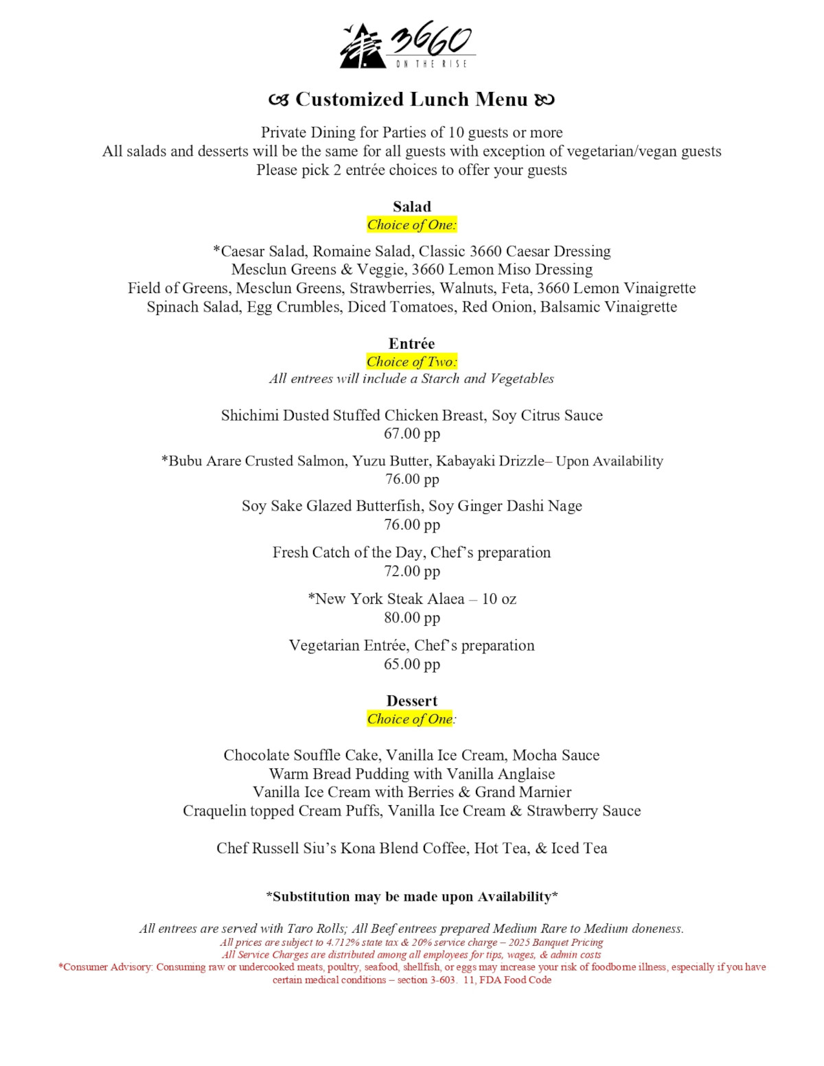 Customized Lunch menus