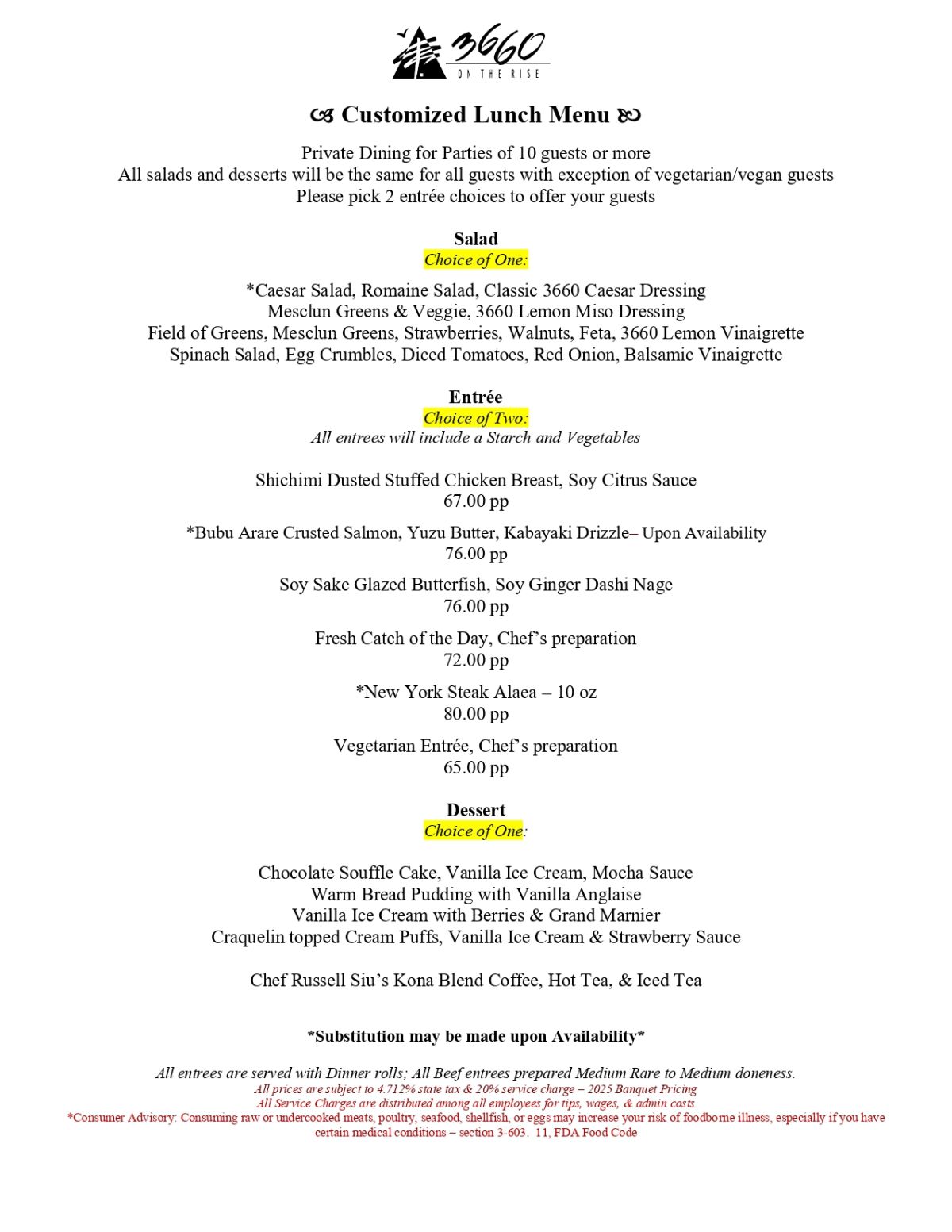 Customized Lunch menus