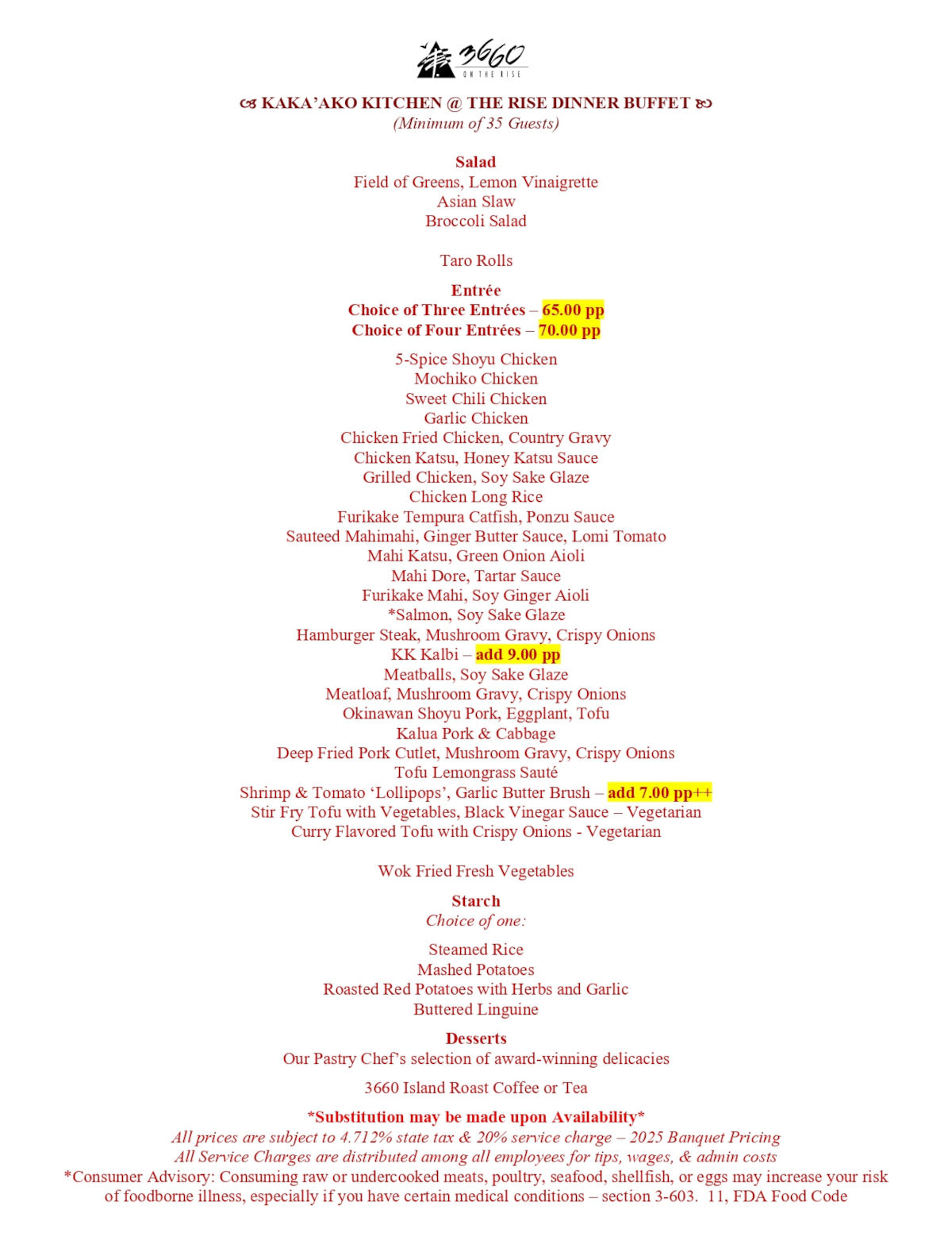 Kaka’ako Kitchen @ The Rise Dinner Buffet menus