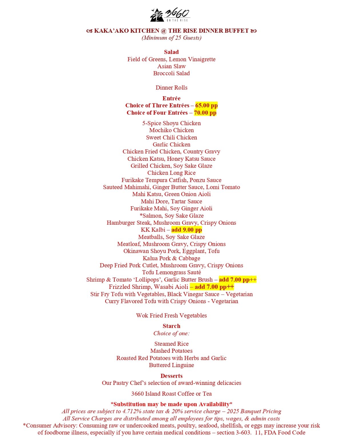 Kaka’ako Kitchen @ The Rise Dinner Buffet menus