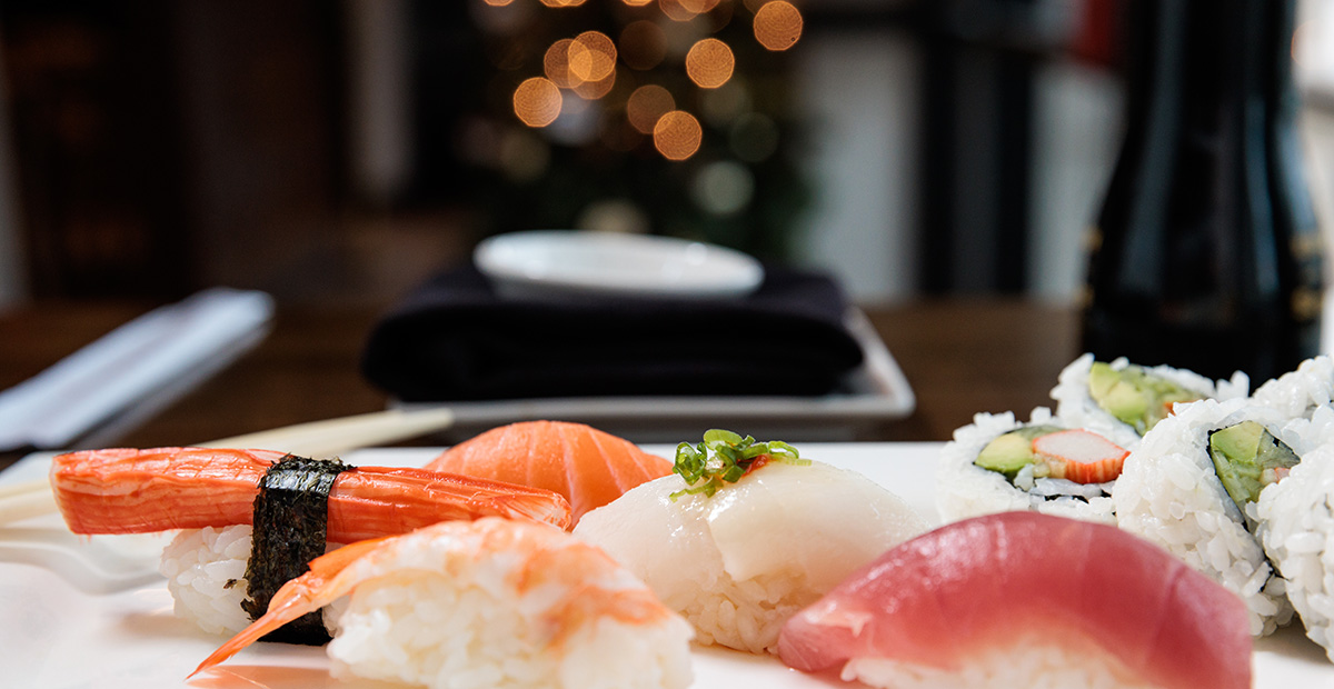 Nigiri and sushi sampler plate, side view