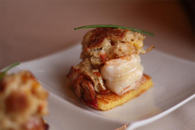 Closeup od a plate with shrimp and crab johnny cake