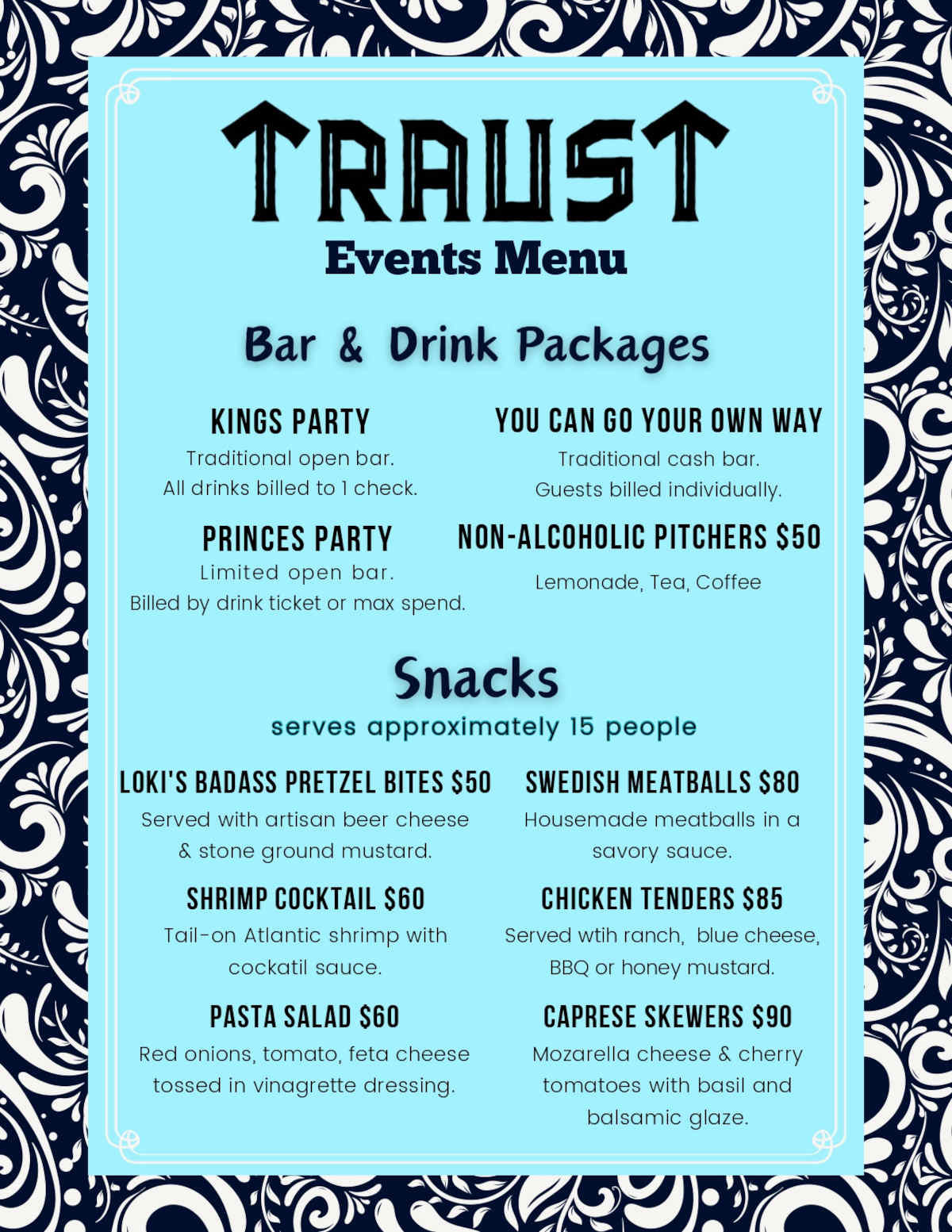 Traust events menu drink packages and snacks