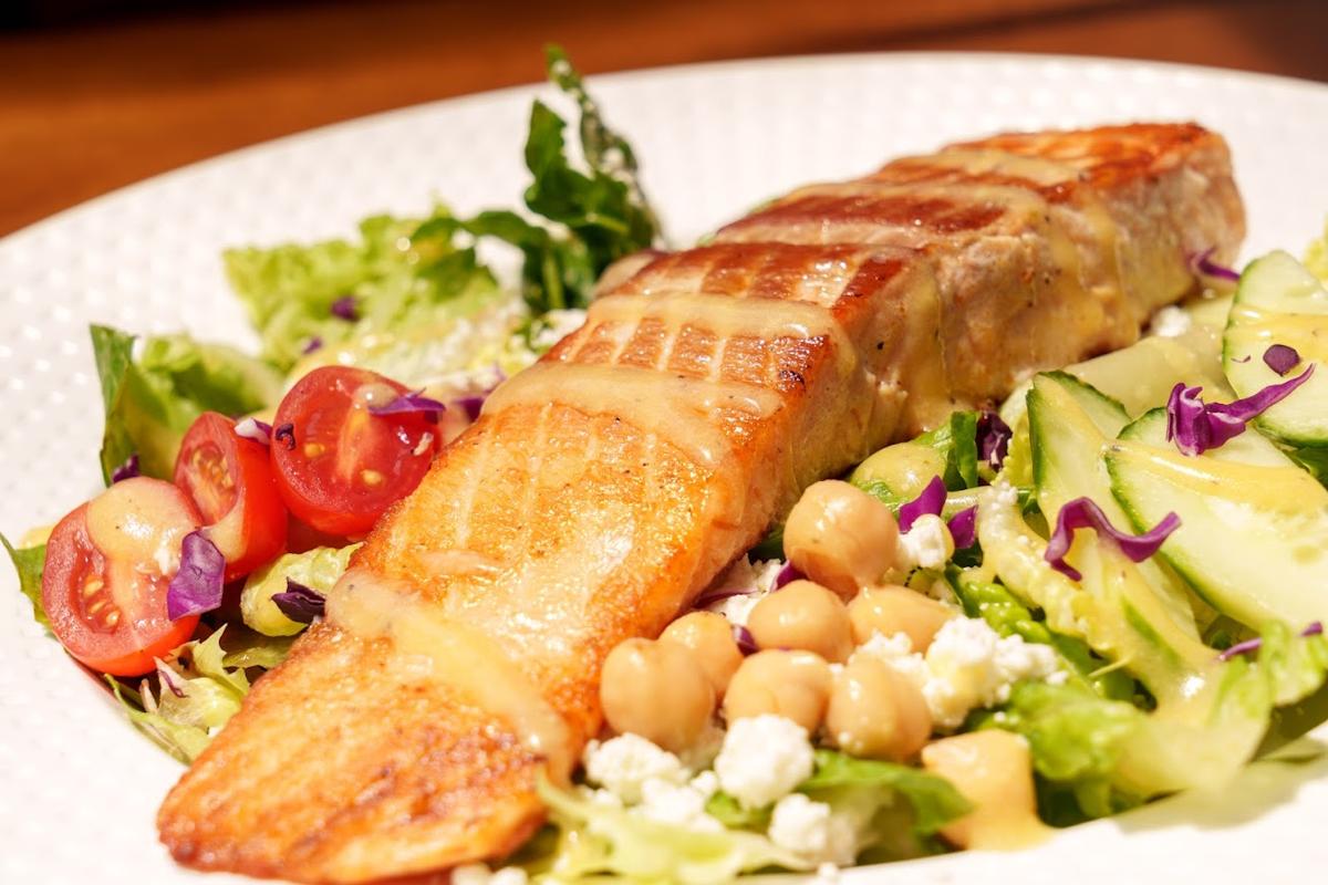 Greek salad with salmon