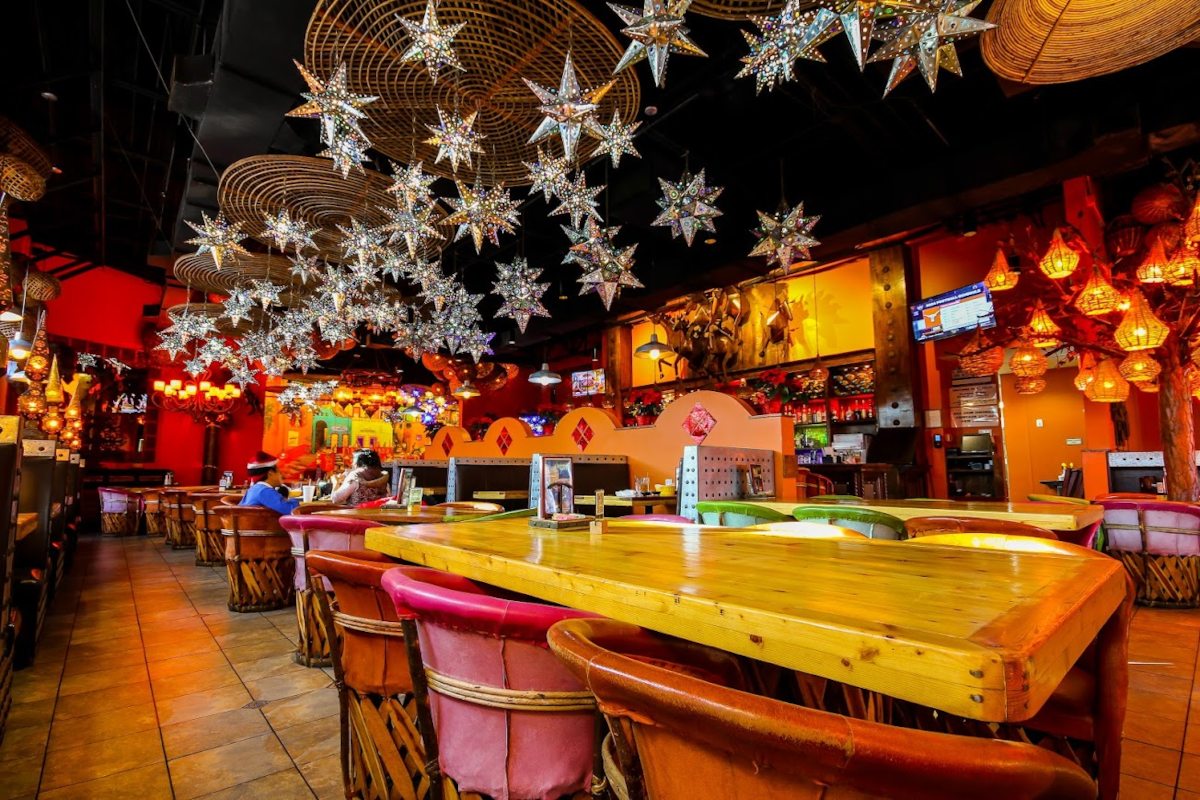 The interior of a restaurant with colorful decorations