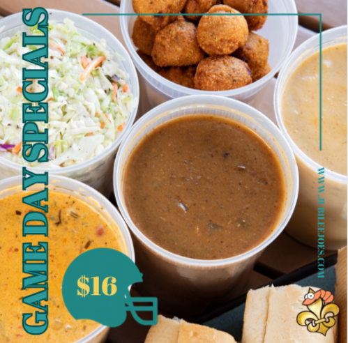 Game Day special for $16: to-go containers with coleslaw, soup, and fried bites.