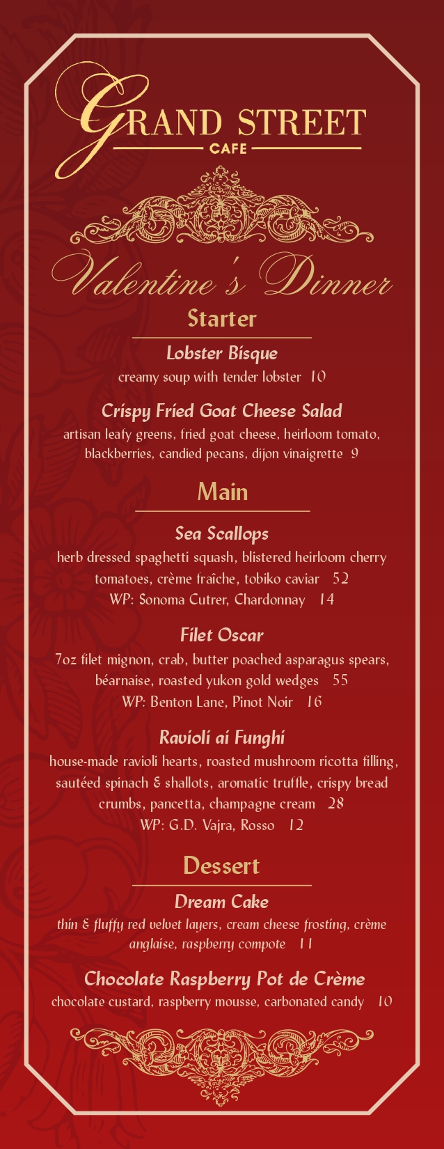 Grand Street Cafe - Valentine's Dinner Menu